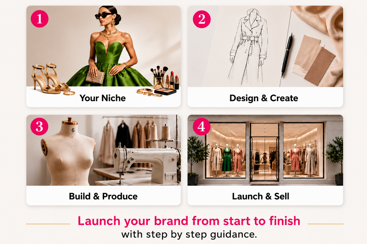Your roadmap: 1 What's your niche, 2 Design & create, 3 Build & produce, 4 Launch & sell.
