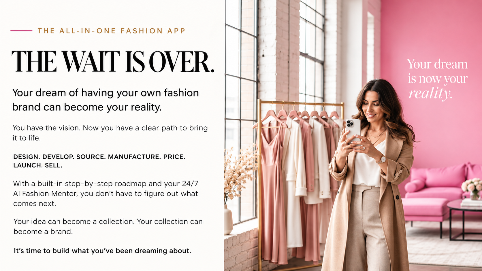 Fashion founder in a bright studio using the TMC Fashion Academy app to build her brand.
